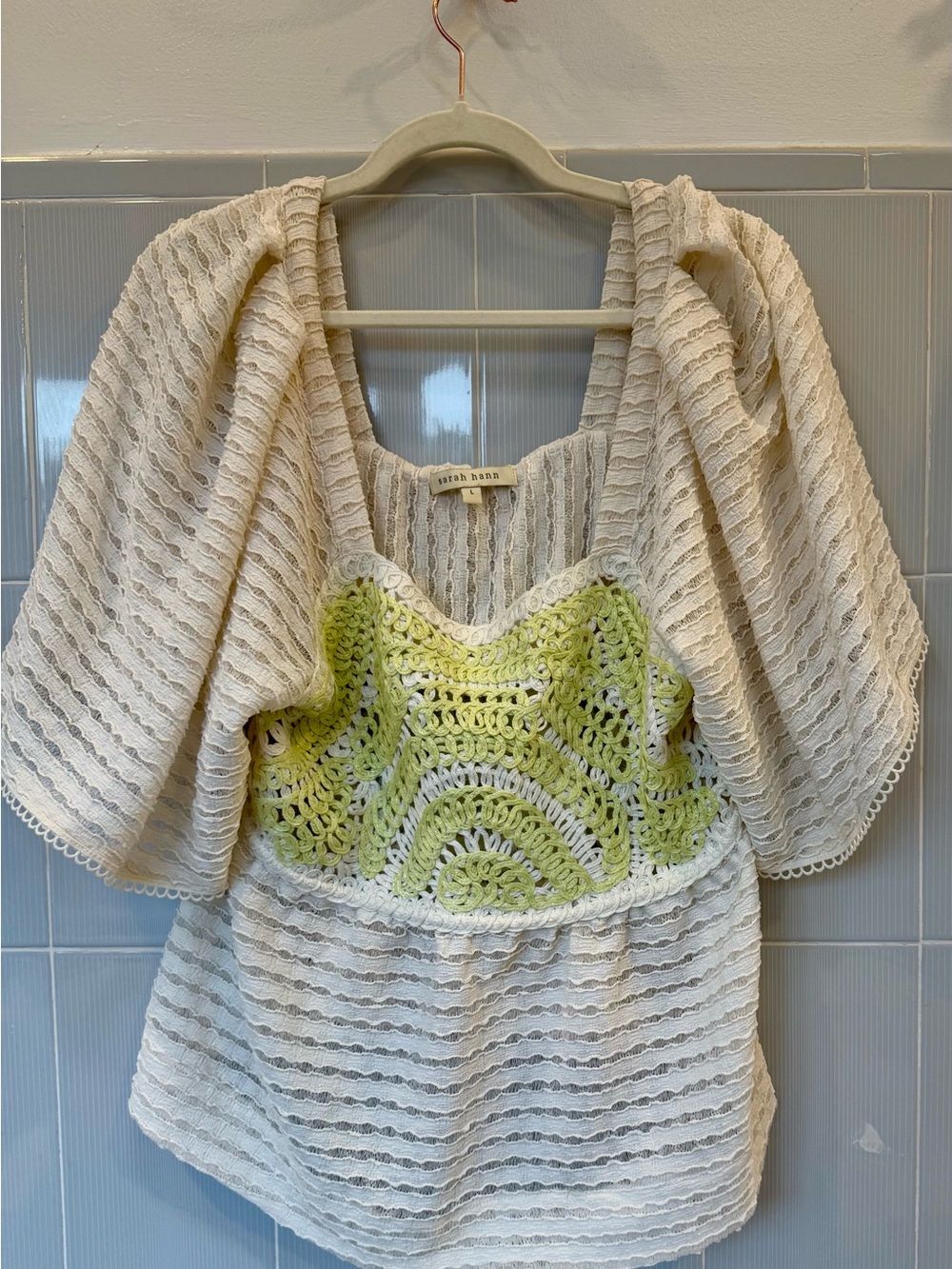 Anthropologie Cream Crochet Puff-Sleeve Top with Green Panel